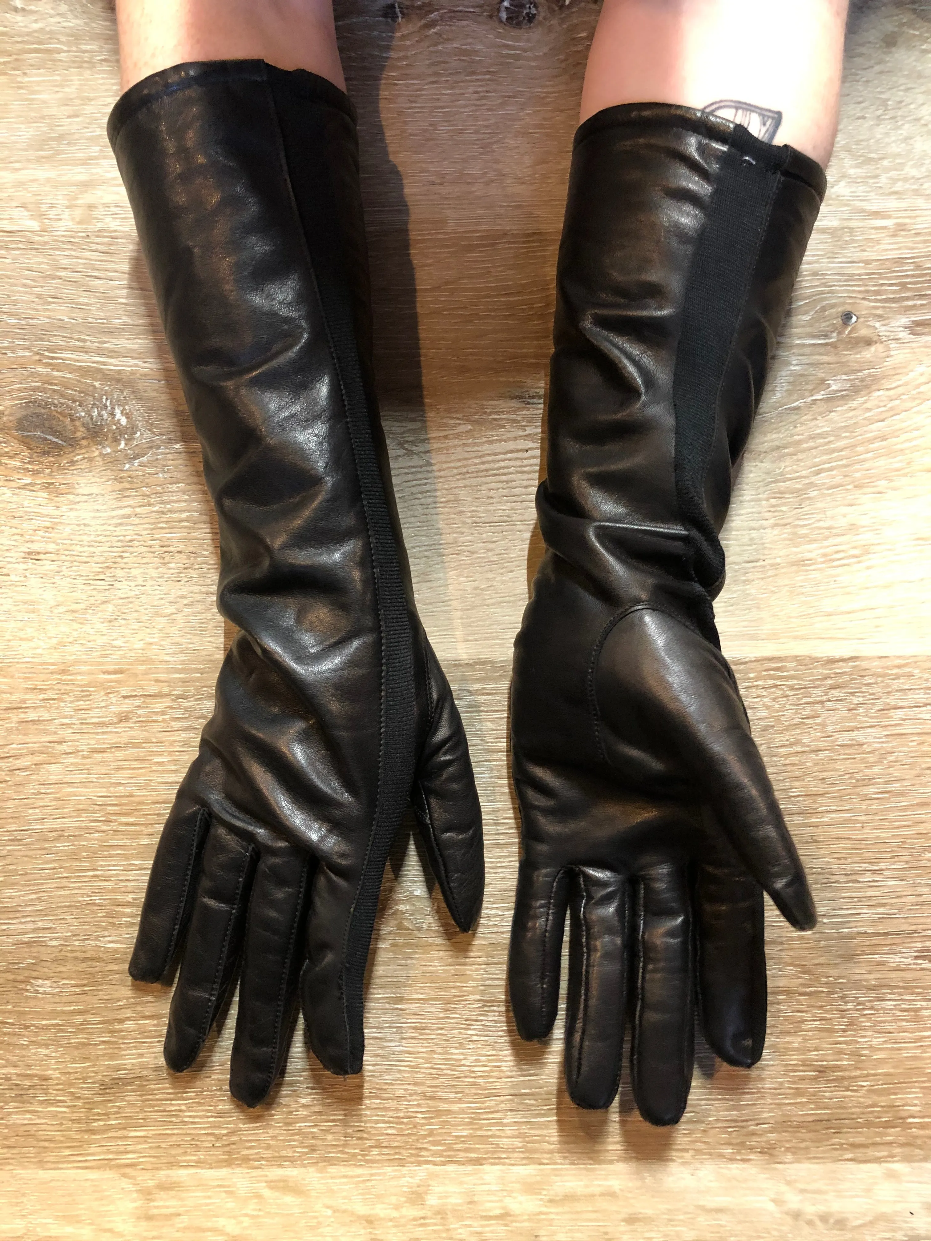 Black Leather Three-Quarter Length Gloves with Stretch SOLD