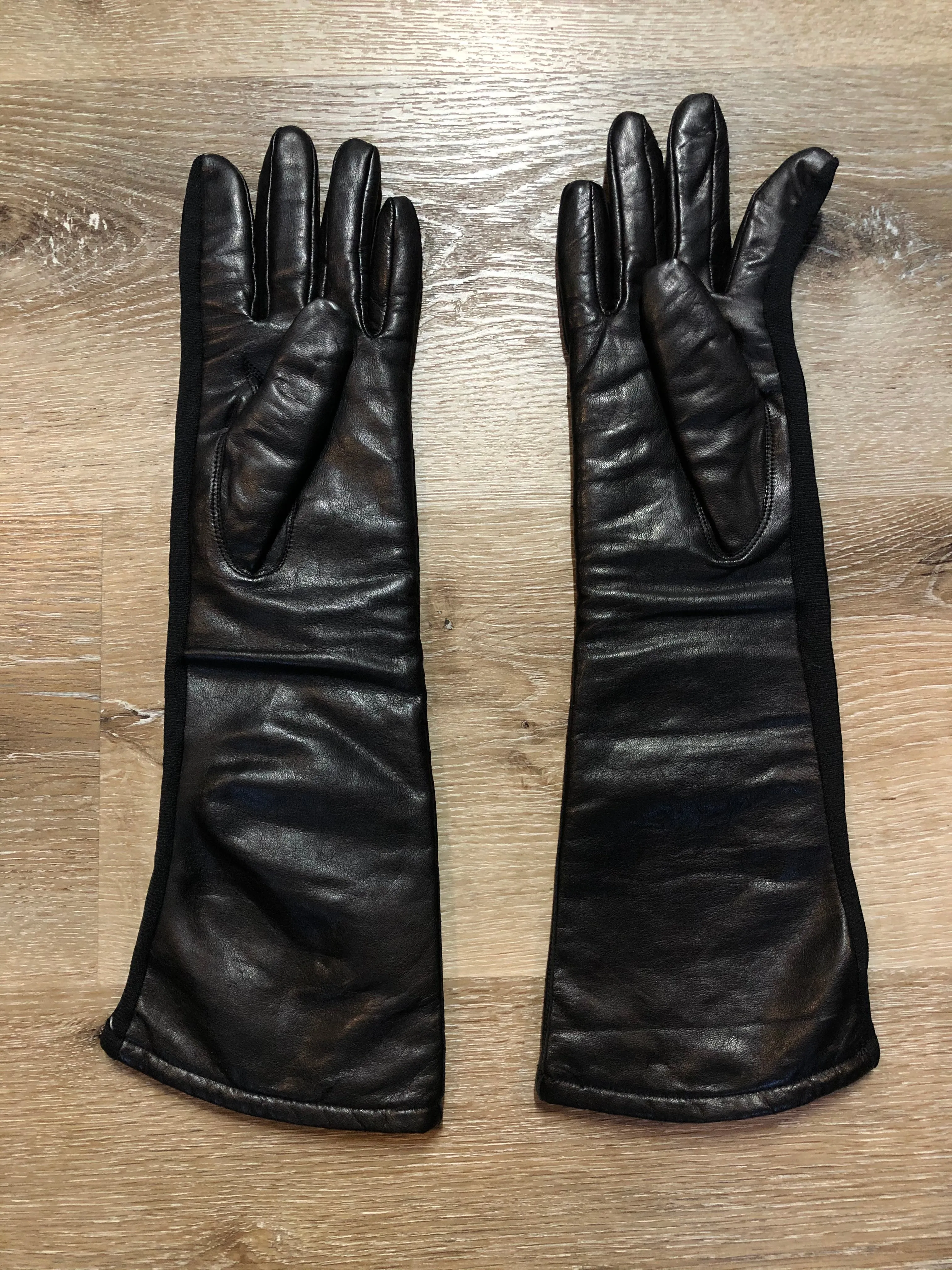 Black Leather Three-Quarter Length Gloves with Stretch SOLD