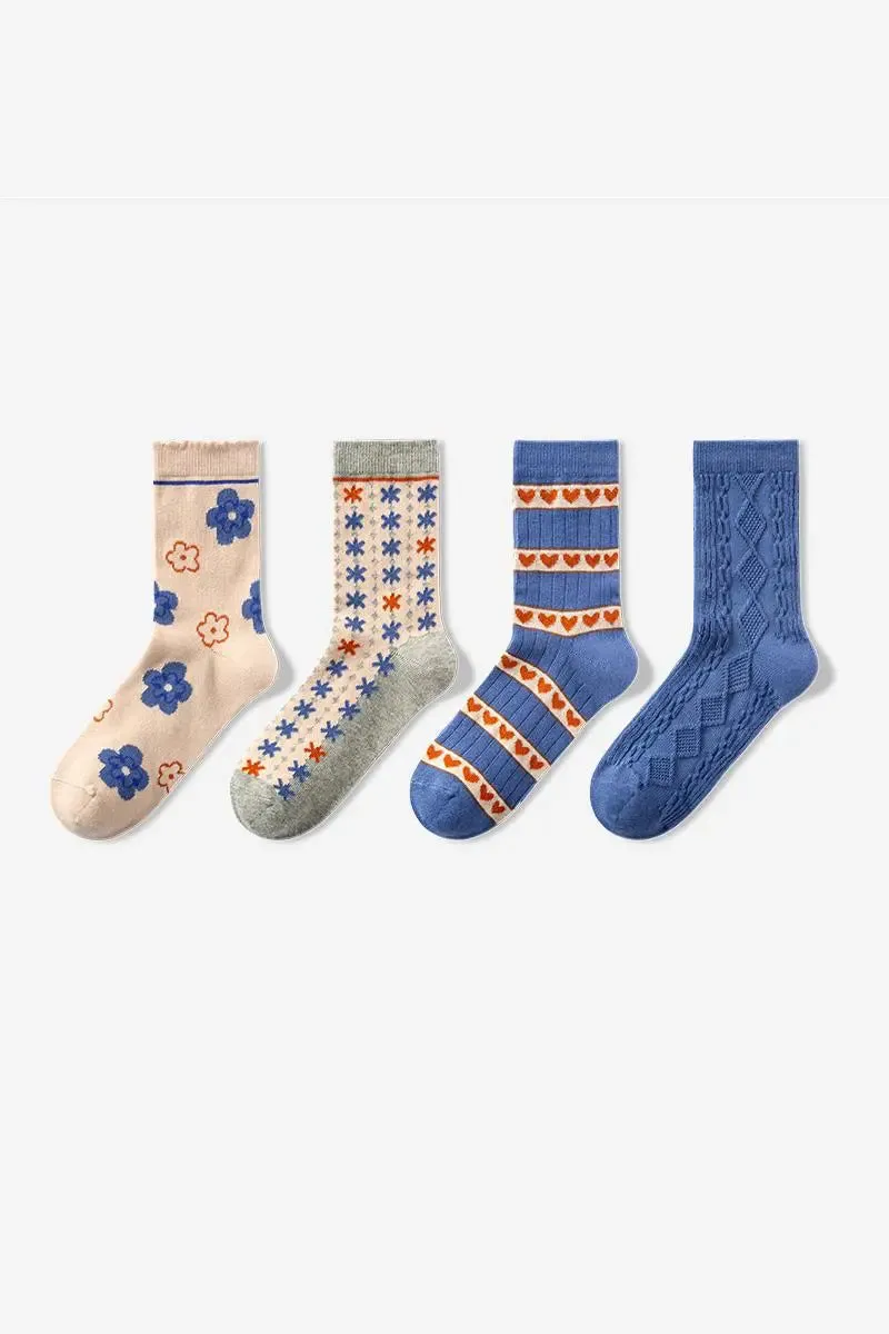 Colorful Cotton Blend Crew Sock Set with Mixed Patterns_4-Pack