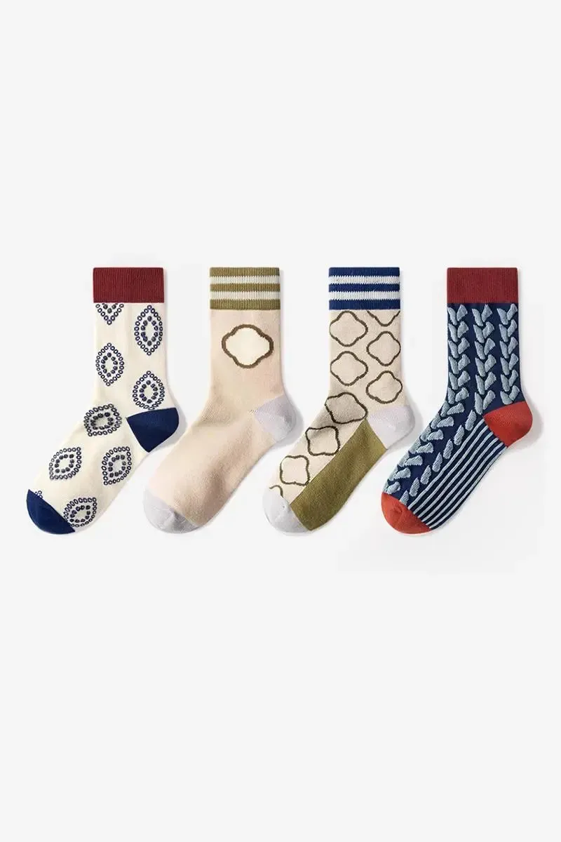 Colorful Cotton Blend Crew Sock Set with Mixed Patterns_4-Pack