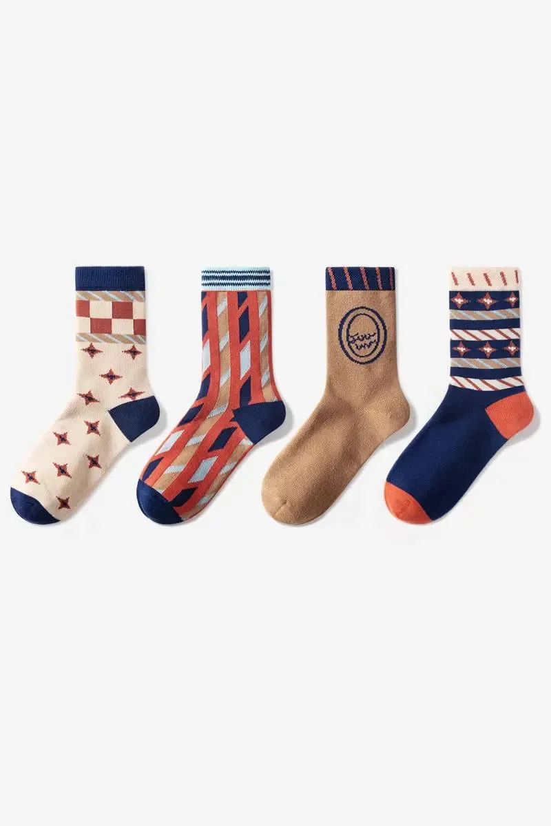 Colorful Cotton Blend Crew Sock Set with Mixed Patterns_4-Pack