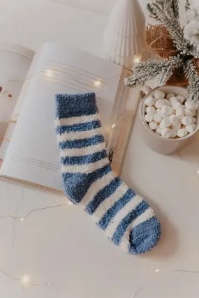 Comfy Cozy Striped Fuzzy Socks - BLUE - FINAL SALE