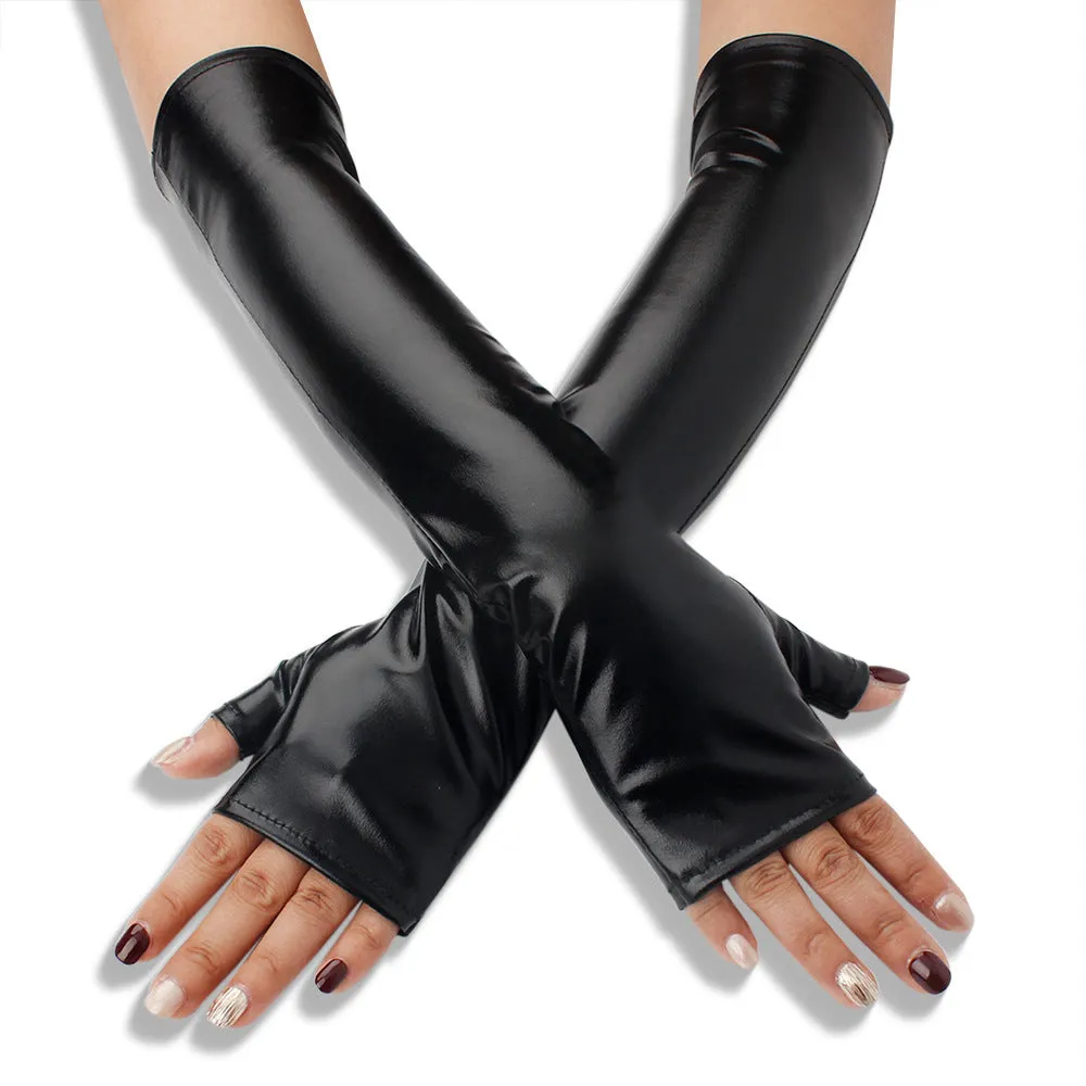 Elastic Tight Patent Mid-length Open Finger Leather Gloves