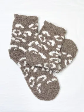 Fuzzy Leopard Socks - Taupe & White