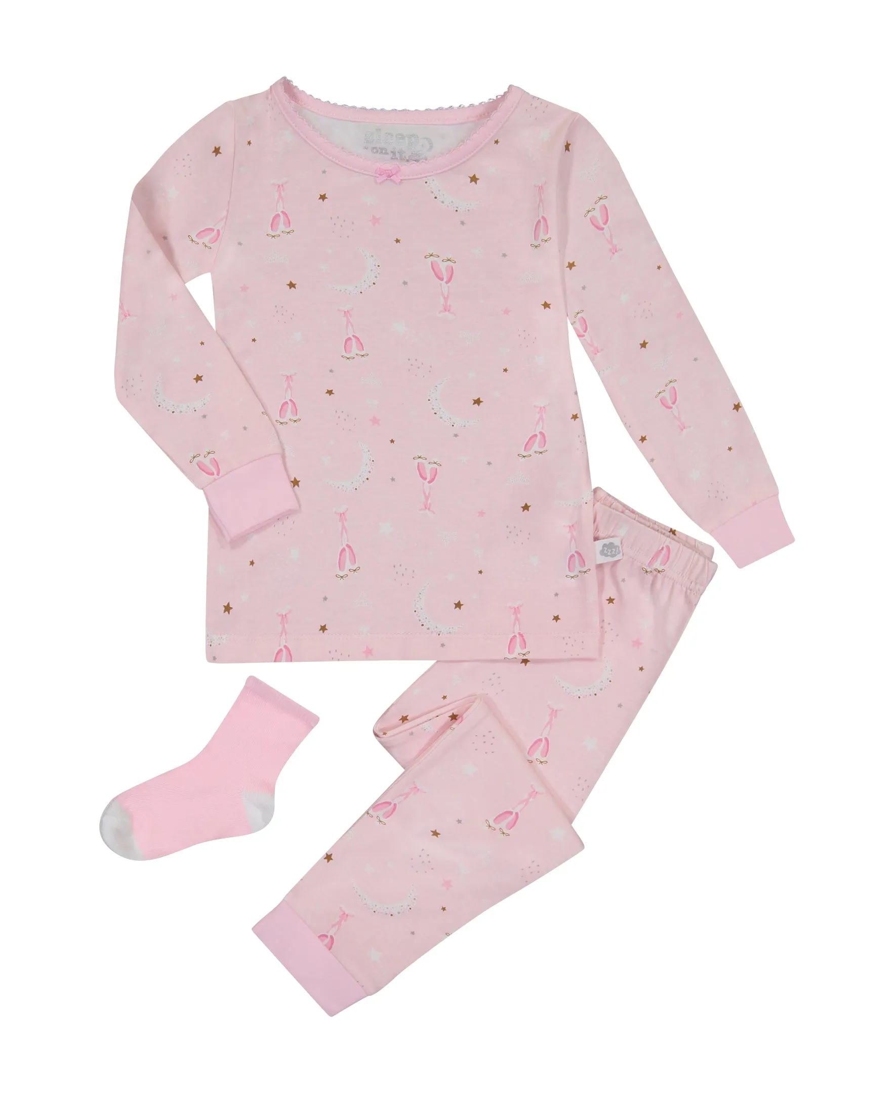 Infant/Toddler Girls Ballerina Dreams Snug Fit 2-Piece Pajama Sleep Set With Matching Socks