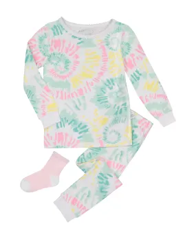 Infant/Toddler Girls Tie-Dye Pastels Snug Fit 2-Piece Pajama Sleep Set With Matching Socks