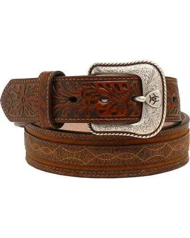 MF Western Ariat Western Mens Belt Barbwire Embossed Leather Brown Style A1020002