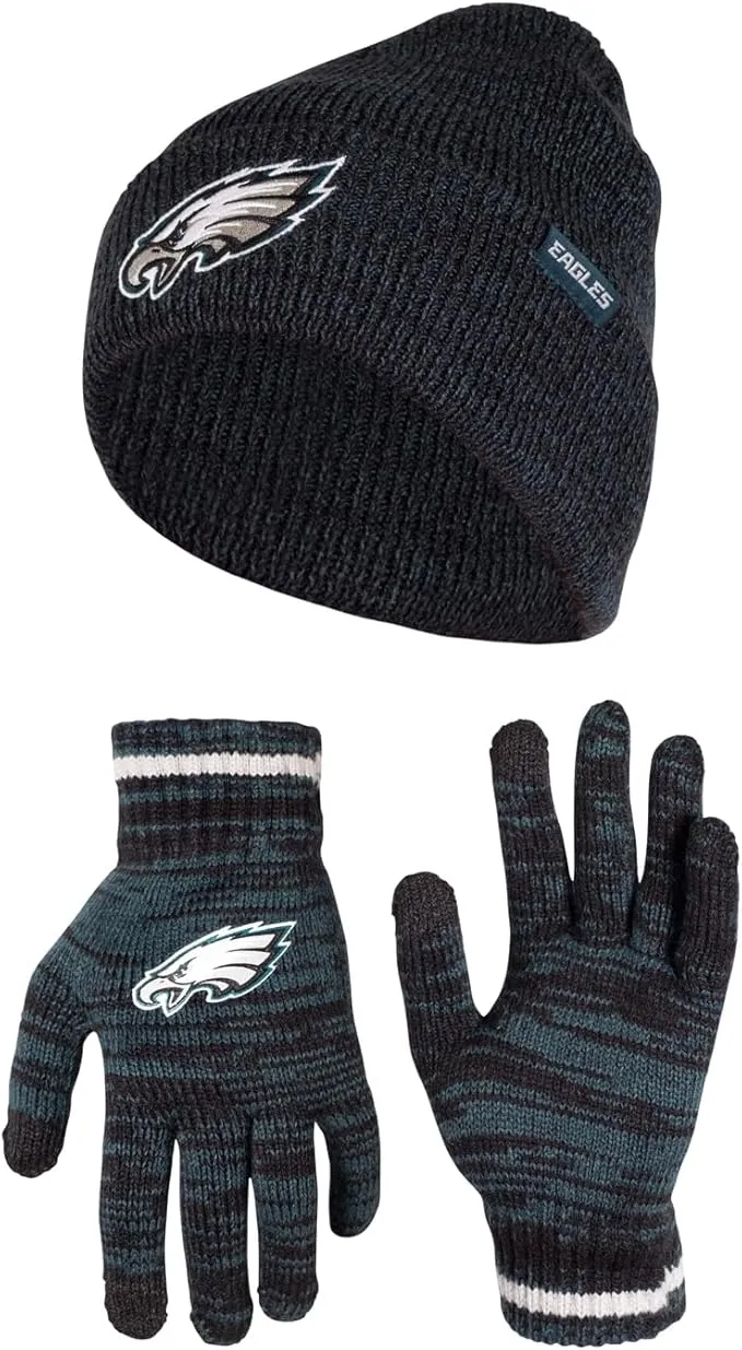 NFL Official Super Soft Marl Knit Winter Beanie Knit Hat with Extra Warm Touch Screen Gloves|Philadelphia Eagles