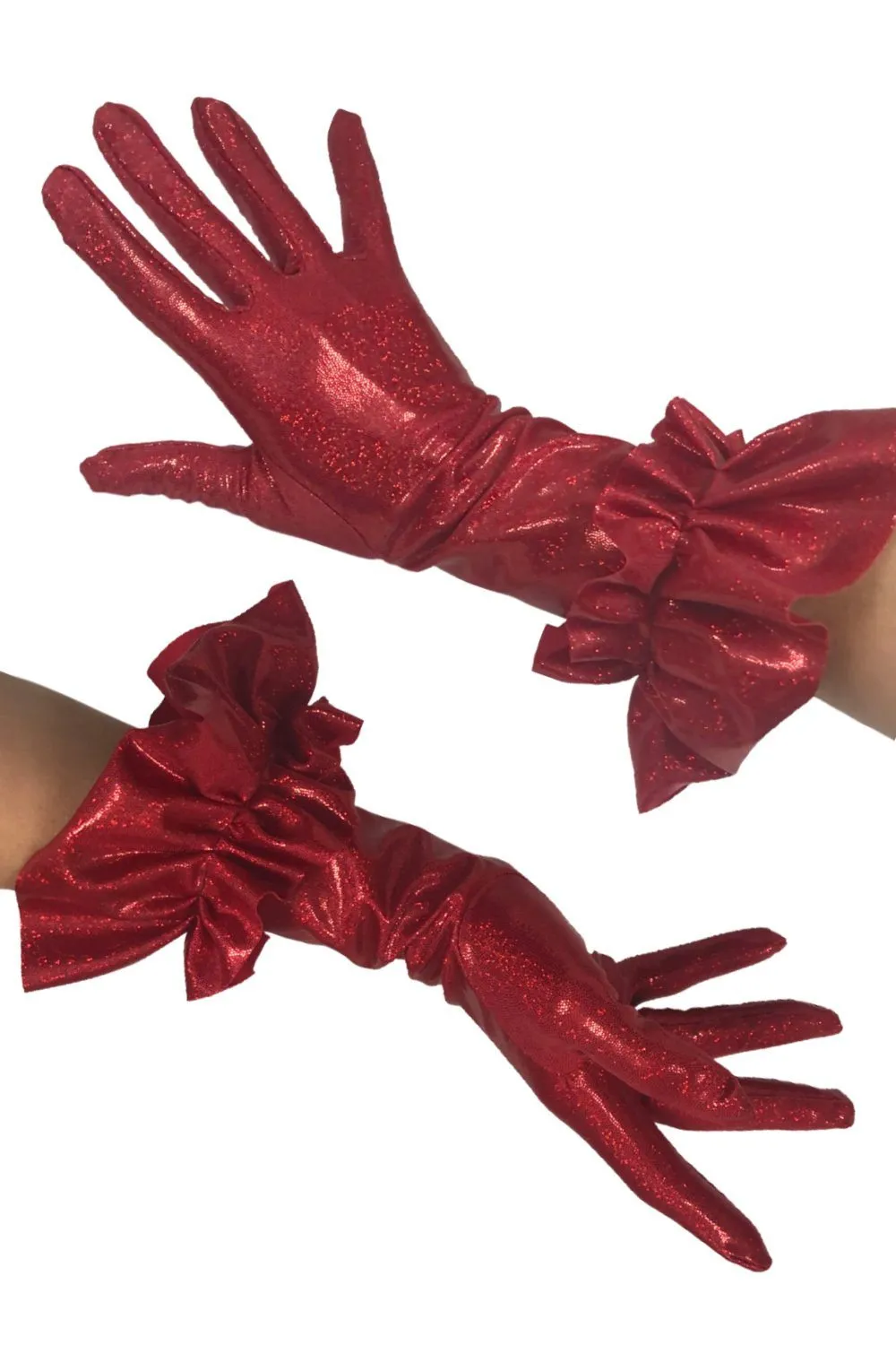 Red Sparkly Jewel Short Ruffled Gloves