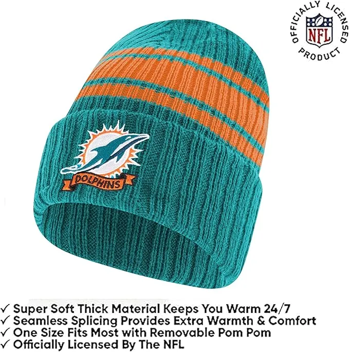 Ultra Game Youth NFL Official Super Soft Team Stripe Winter Beanie Knit Hat with Extra Warm Touch Screen Gloves|Miami Dolphins