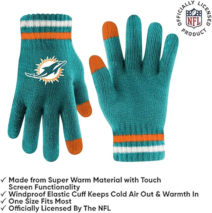 Ultra Game Youth NFL Official Super Soft Team Stripe Winter Beanie Knit Hat with Extra Warm Touch Screen Gloves|Miami Dolphins