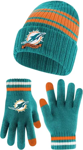 Ultra Game Youth NFL Official Super Soft Team Stripe Winter Beanie Knit Hat with Extra Warm Touch Screen Gloves|Miami Dolphins