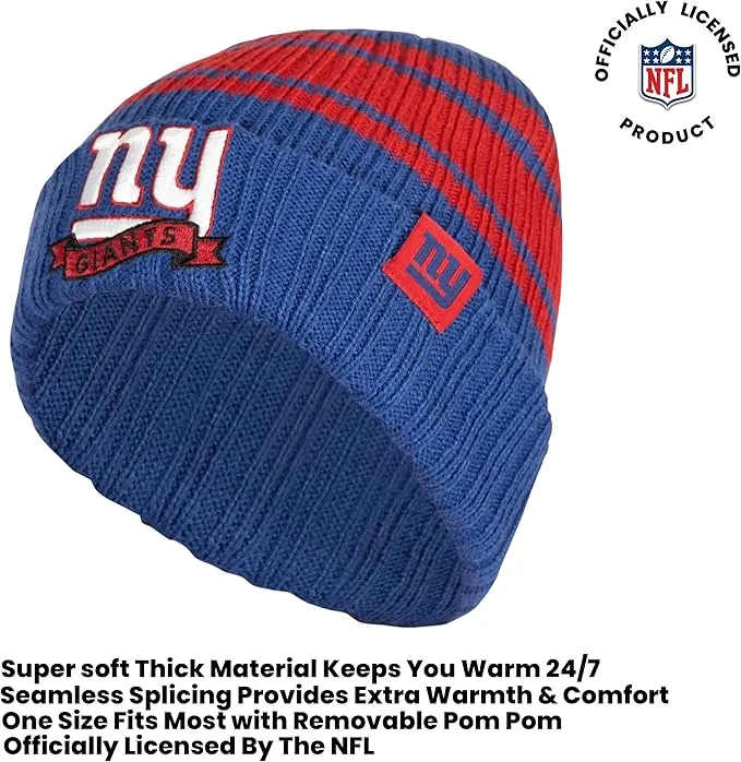 Ultra Game Youth NFL Official Super Soft Team Stripe Winter Beanie Knit Hat with Extra Warm Touch Screen Gloves|New York Giants