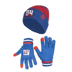 Ultra Game Youth NFL Official Super Soft Team Stripe Winter Beanie Knit Hat with Extra Warm Touch Screen Gloves|New York Giants