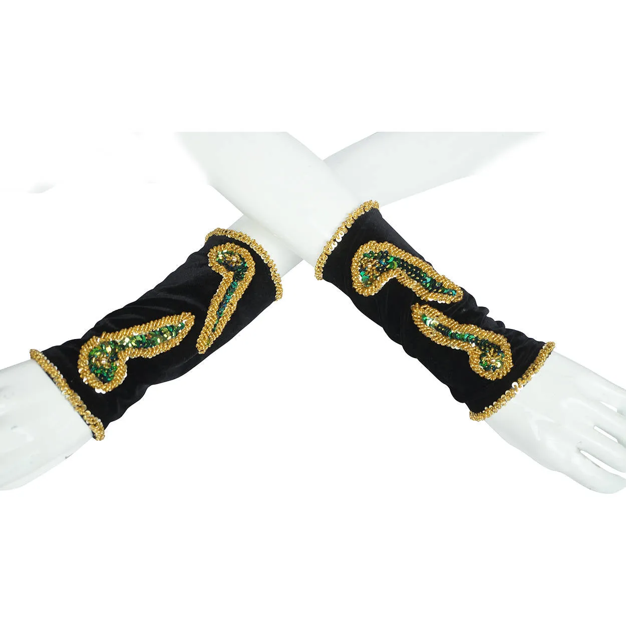 Vintage Gauntlet Gloves Stretchy Black Velvet Beaded and Sequinned Fingerless